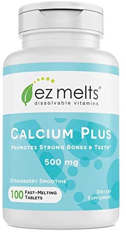 EZ Melts Calcium Plus with Vegan D3 and Magnesium, 500 mg, Sublingual Vitamins, Vegan, Zero Sugar, Natural Strawberry Flavor, 100 Fast Dissolve Tablets