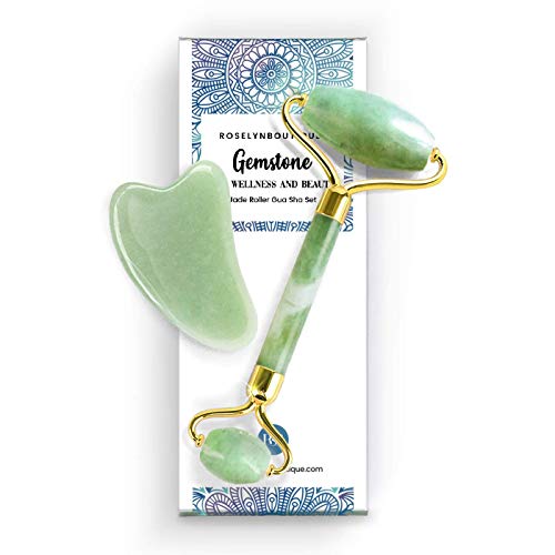 Jade Roller and Gua Sha Set for Beautiful Skin Detox - Facial Body Eyes Neck Massager Tool Reduce Wrinkles Aging - Original Natural Jade Stone