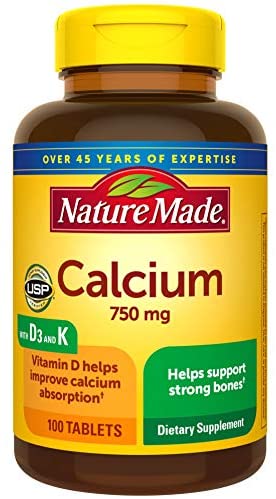 Nature Made Calcium 750 mg Tablets w. Vitamin D and K, 100 Ct for Bone Health† (Packaging May Vary)