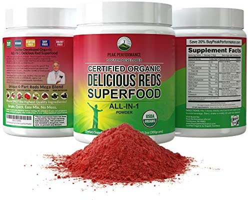 Organic Reds Superfood Powder. Best Tasting Organic Red Juice Super Food with 25+ All Natural Ingredients and Polyphenols. Vital for Max Energy and Detox. Raspberry, Elderberry, Beetroot