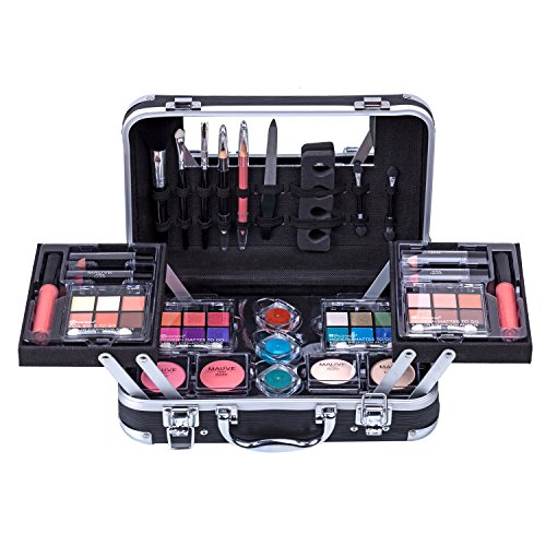 Maúve Carry All Trunk Train Case with Makeup and Reusable Black & White Aluminum Case (BLACK)