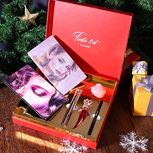 UCANBE Fiesta Makeup Set Duo 18 Colors High Pigmented Eyeshadow Palette With Waterproof Black Mascara Eyeliner Long Lasting Lipstick Soft Sponge Festival Gift Bundle Kit