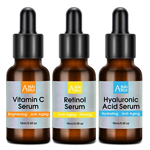 ANAI RUI Facial Serum Set, Vitamin C Serum, Retinol Serum and Hyaluronic Acid Serum, Boost Radiance, Anti Acne, Anti Aging Serum for Face 0.5 oz each